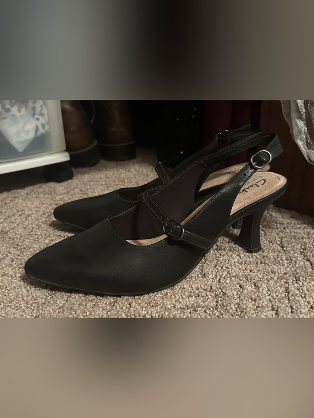 Clarks Black Pointed Slingback Mary Jane Heels